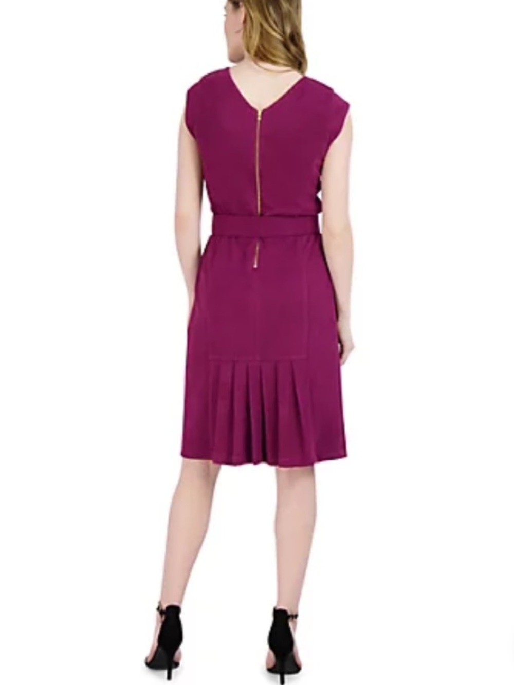 Donna Ricco Cap-Sleeve V-Neck Belted Dress in Magenta